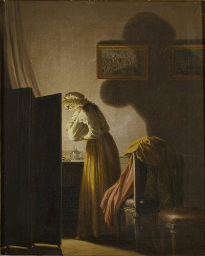 Una mujer recogiendo pulgas a la luz de una vela de Pehr Hilleström